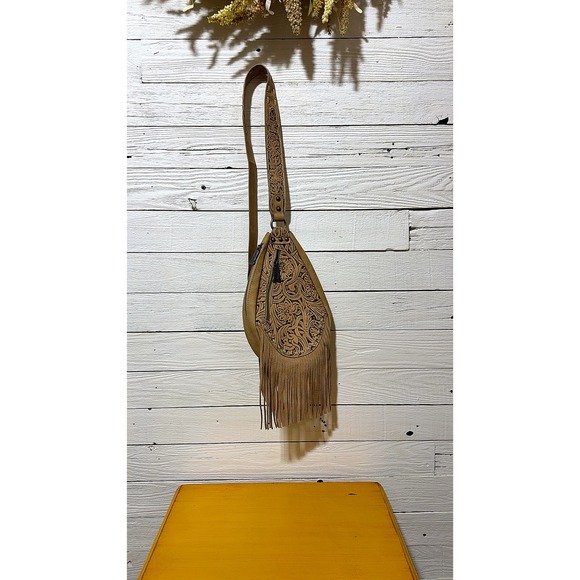 Trinity Ranch Handbags - Trinity Ranch Tan Tooled Floral Fringe Sling Bag Western Crossbody Purse